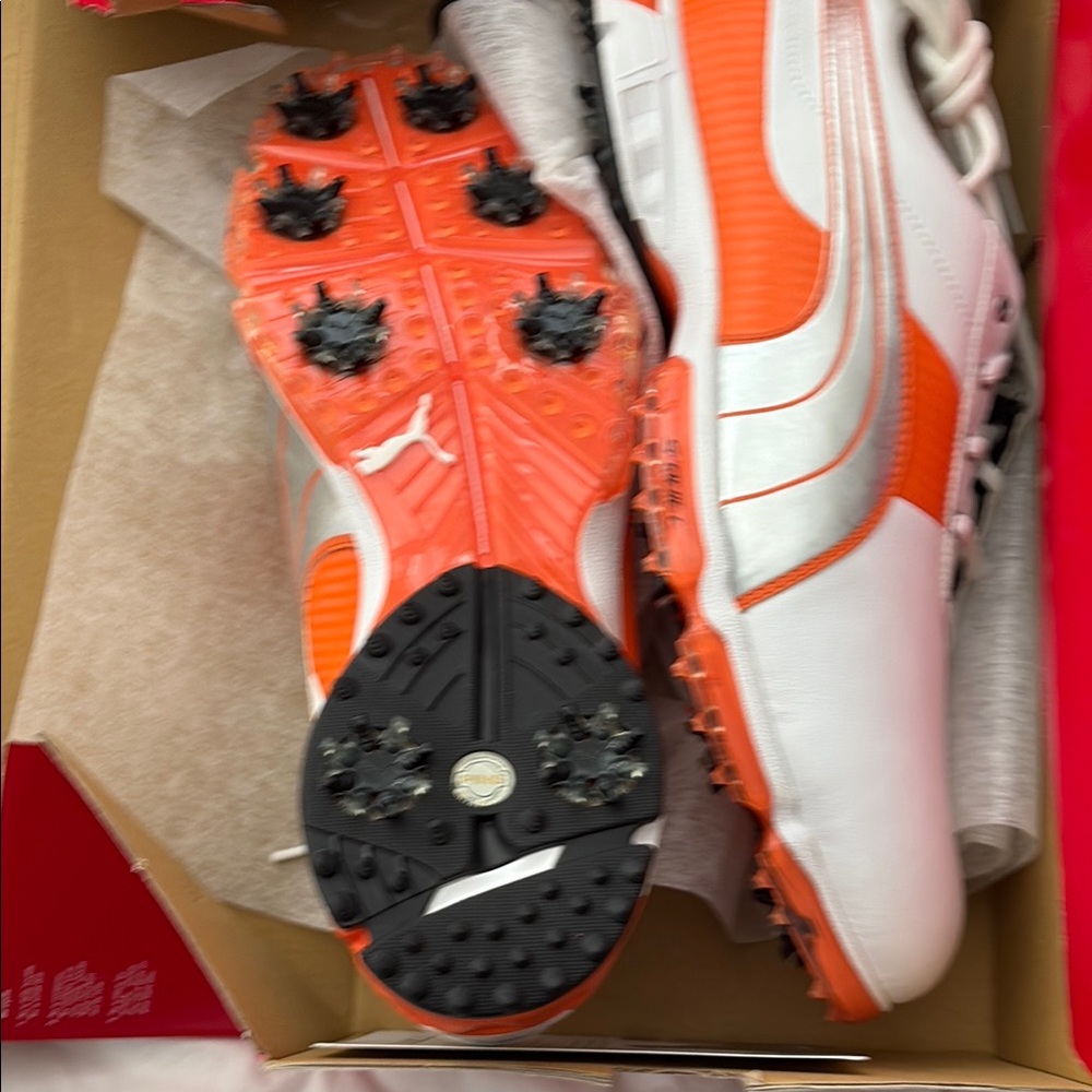 Puma White and Orange Golf Cleats